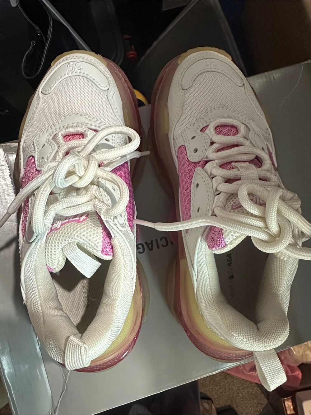 Balenciaga White and Pink Triple S Chunky Sneakers - Picture 16 of 16